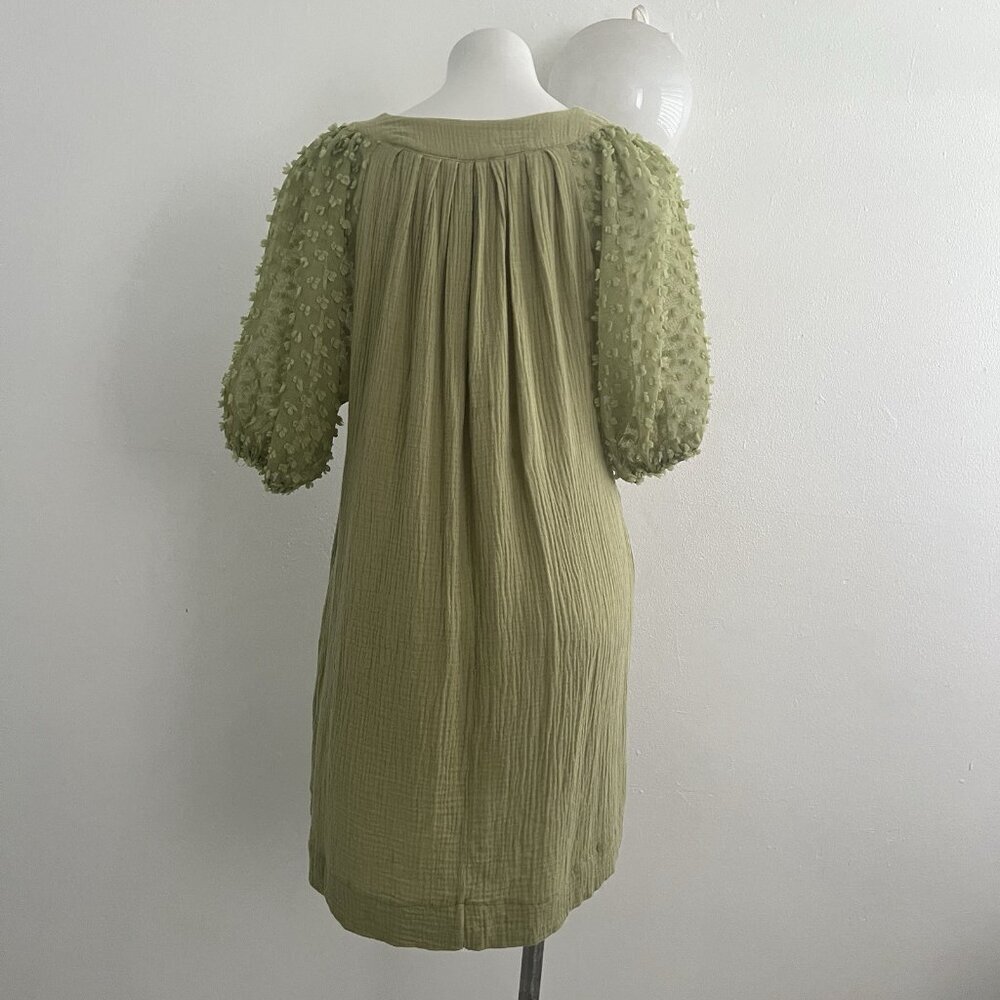 NEW Umgee Olive Green Mini Dress Puff Sleeve Swiss Dot MEDIUM Boho - Picture 14 of 15